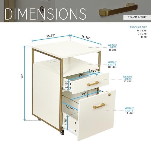 Techni Mobili Salon Storage Cabinet with Lock, 2 Drawer Organizer with USB Ports and Power Outlet, for Hair & Nail Supplies, Ideal for Professional Salons & Spas, White & Gold - Image 3