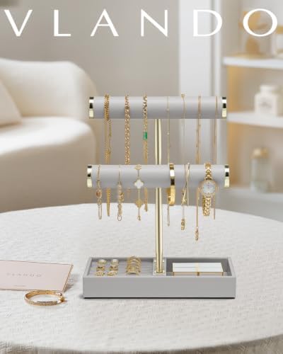 VLANDO Jewelry Organizer, 2 Tier Jewelry Bracelet Necklace Holder with Tray - Image 2