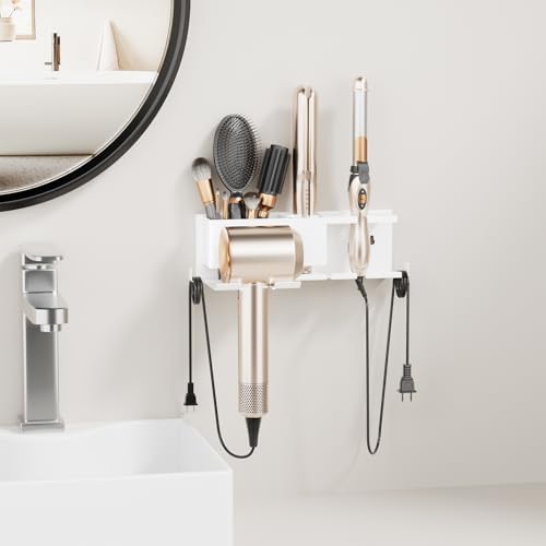 Hair Dryer Holder Hot Tools Organizer, Blow Dryer Holder Wall Mount, Bathroom Hair Tool Organizer Rack for Universal Dryer White - Image 7
