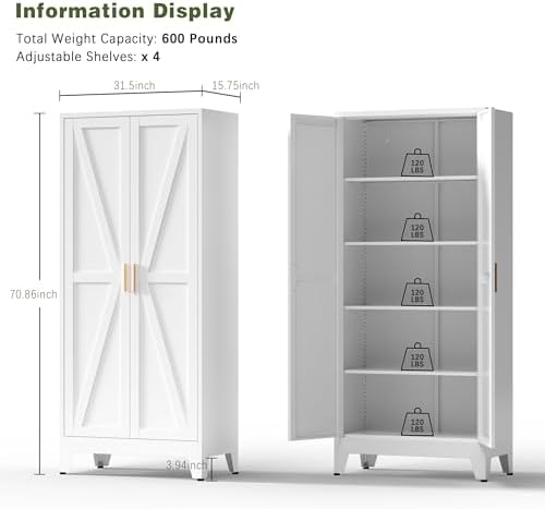 COFaR 5 Tier Metal Farmhouse Storage cabinets with Doors and Shelves, White - Image 2
