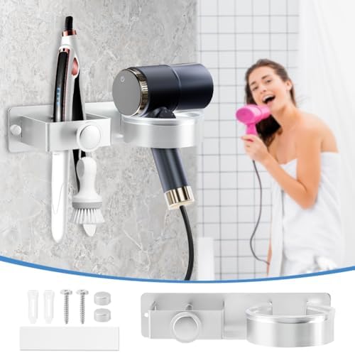 Silver Hair Dryer Holder Wall Mount, No Drill Hair Tool Organizer - Image 5