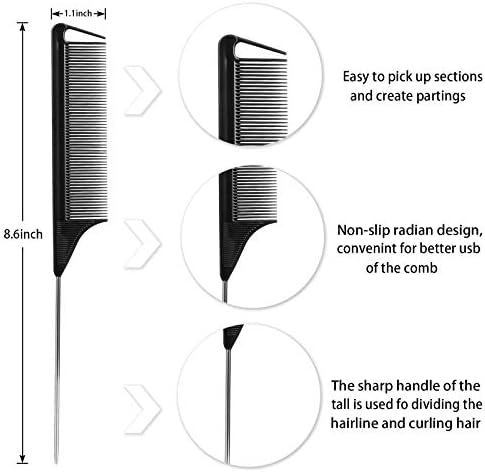 Hair Styling Combs and Clips Set - Rat Tail Teasing Combs with Steel Pin, Sectioning Alligator Clips for Braiding, Parting, and Salon Use - Image 4