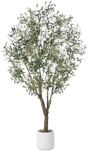 Artificial Olive Tree Indoor 7FT, Tall Faux Olive Tree with White Planter by JOCOEVOL