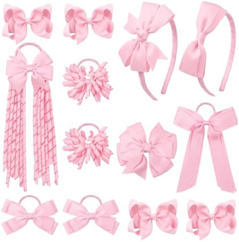 DEEKA Teal School Hair Accessories Set 13 Pcs Uniform Bow Headband Clips Hair Ties Curly Korker Bows for Little Toddler School Girls (Pink) by DEEKA