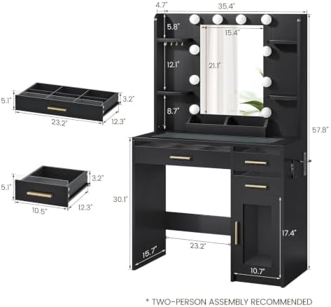35.4" Makeup Vanity Desk with Mirror and Lights, Glass Top, 3 Drawers - Image 2
