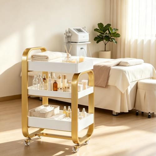 BarberPub 3-Tier Salon Trolley Cart with Locking Wheels Gold 2085 - Image 2