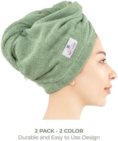 American Soft Linen 100% Cotton Hair Towels for Women, Head Towel Cap, Cotton Hair Turban Towel Wrap for Hair, Soft and Absorbent Cotton Hair Towels 2 Pack, White-Sage Green - Image 4