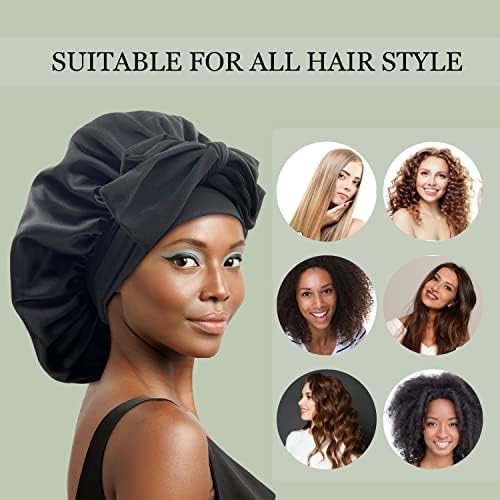 Satin Silk Hair Bonnet for Sleeping Large Bonnets with Tie Band Wrap with Adjustable Straps Night Sleep Caps for Women Curly Braid Hair Hair Black - Image 4