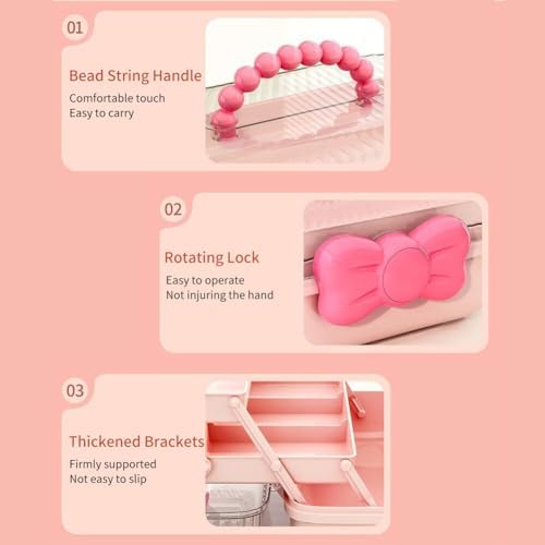 3-Layer Kids Hair Accessories Organizer with Bowknot Lock Cute Jewelry Box Headband Hair Tie Clip Organizer Box for Little Girls - Pink - Image 7