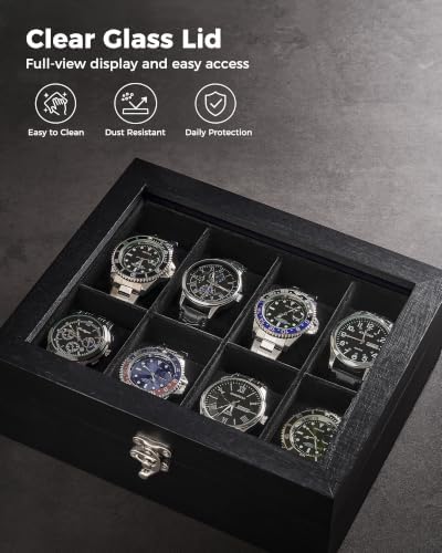 ProCase 8 Slot Wooden Watch Display Case With Glass Lid, Organizer - Image 4