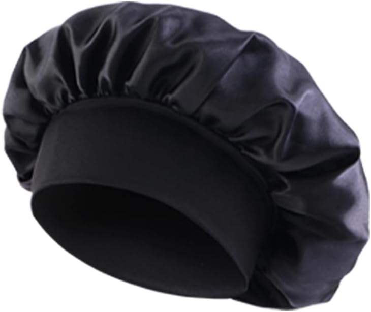 INOGIH Black Silk Satin Bonnets for Women Men Wide Band Hair Wrap Cap for Curly Hair Shower Cap for Sleeping - Image 2