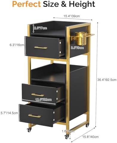 OmySalon Salon Trolley Cart, Hair Styling Station with 3 Drawers, 2 Open Shelf & Tool Holders, Mobile Barber Storage Cabinet Utility Trolley for Beauty Salon Spa,Black - Image 5