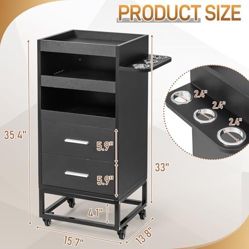 Winado Beauty Salon Trolley Cart with 2 Drawers, 3 Tool Holders, Black - Image 3