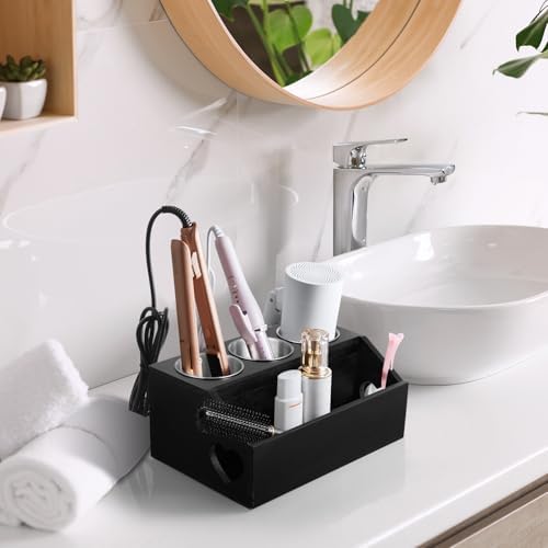 Bivvclaz Hair Tool Organizer, Wooden Hair Dryer Holder Wall Mount, Countertop Hot Tools Organizer for Hair Styling Accessories, Bathroom Supplies Vanity Caddy for Curling Wand, Blow Dryer, Black - Image 6