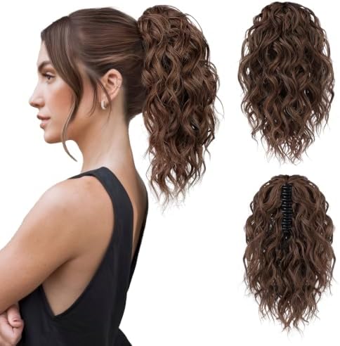 Flufymooz Ponytail Extension, 12" Short Claw Ponytail Extension Wavy Curly Jaw Clip in Pony tails Hair Extension Natural Synthetic Hairpiece for Women (Medium Auburn Brown) by Flufymooz