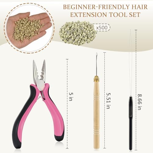 JIAMEISI Hair Extension Tool Kit, 500 Micro Rings Beige - Image 2