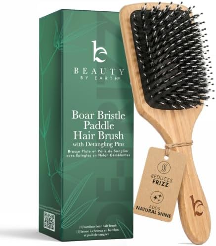 Boar Bristle Paddle Brush for Long & Thick Hair, Works on Dry & Wet Hair by BeautybyEarth