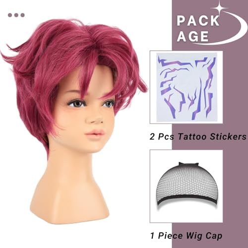 PUREHAIR Kids Short Hot Pink Wig with Tattoos for Boys Costume - Image 7