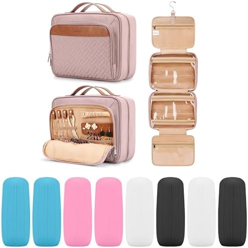 COOSKY Travel Hanging Toiletry Bag for Women, Large Makeup Bag 8 Leak Proofing Silicone Bottle Covers, Waterproof Cosmetic Bag with Jewelry Organizer Compartment, Toiletries Kit Set, Pink by COOSKY