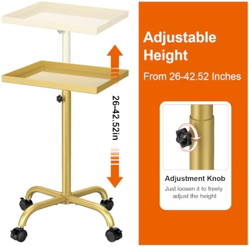 Salon Tray Cart Tattoo Tray Rolling Cart, Service Rolling Tray, Height Adjustable Styling Tray, Storage Tray Trolley for Beauty Salon Clinic Spa (Champagne Gold) - Image 3