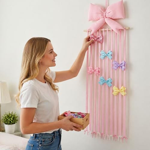 Suncalla Long Bow Holder for Girls Baby Pink Bow Hair Clip Organizer - Image 4