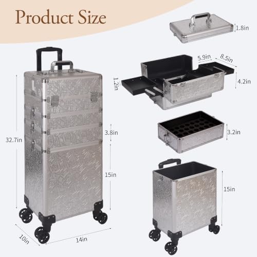 5 in 1 Rolling Makeup Train Case Professional Cosmetic Trolley Large Storage Organizer on Wheels for Hairstylist Artist Nail Beauty Salon Barber Silver - Image 2