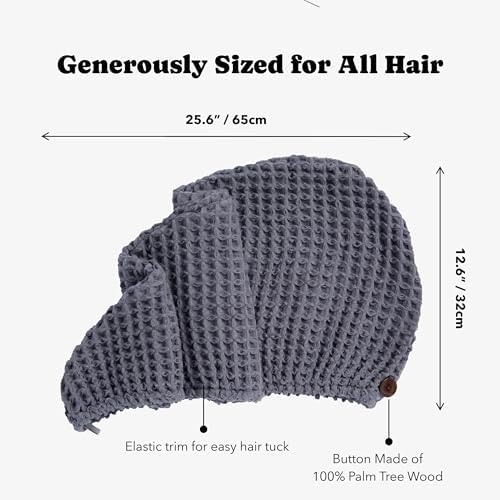Luxury Organic Japanese Cotton Hair Drying Waffle Towel Wrap for Women | Absorbent, Quick-Dry Head Turban for Shower, Sauna, Spa | Extra Large for Long, Curly, Straight Hair With Button (Grey, 2 Pc) - Image 6