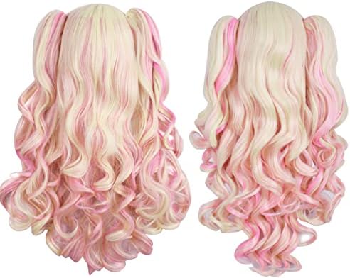 MapofBeauty Lolita Long Curly Clip on Ponytails Cosplay Wig, Blonde/Pink - Image 3