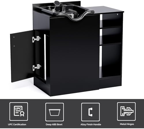 OmySalon Salon Station, Shampoo Bowl with Cabinet, Freestanding Backwash Sink with Adjustable Shelf, UPC Certified Faucet, for Spa Beauty, Barber, Home, Black - Image 7