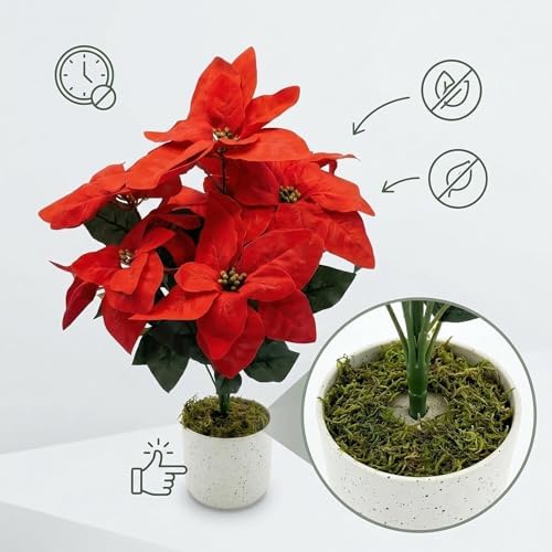 2 Pack Red Christmas Poinsettia Flowers in Pots, 18.9" Artificial Poinsettia Plants with Realistic Layered Petals, Speckled Pot and Moss Base for Holiday Indoor Decor, Table Centerpiece, Porch - Image 6
