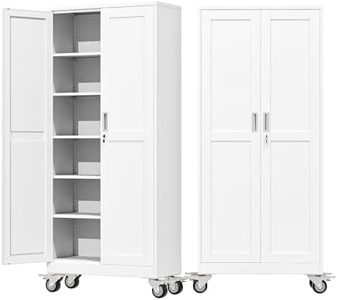 75" Metal Garage Storage Cabinet with Wheels and Locking Doors and Tall Rolling Steel Tool Cabinet with 5 Adjustable Shelves for Garage,Home,Office,Shop (White, 75''H x 32''W x16''D) by AUEYTVR