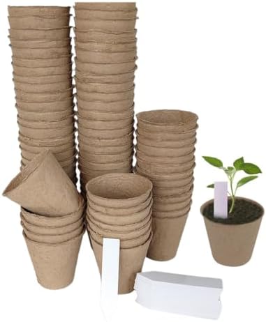 Jilukibo 100 Pack 3.15" Round Biodegradable Peat Pots, Seedling Starter Pots with Plant Labels, Paper Pulp Nursery Germination Cups for Herbs, Vegetables, Tomatoes & Flowers by Jilukibo