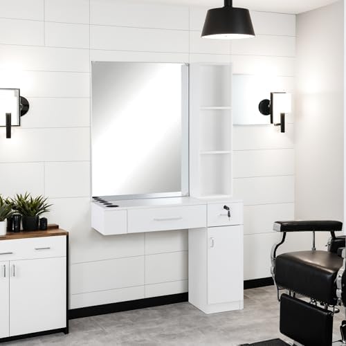 BarberPub Wall Mount Salon Station with 3 Hair Dryer Holders Hair Styling Station with Mirror Beauty Salon Spa Equipment Set 3026 (White) - Image 2