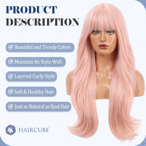 HAIRCUBE Long Baby Pink Highlights Wig with Bangs Layered Curly Wigs for Women Natural Synthetic Wigs for Daily Use (pelucas de cabello natural) - Image 3