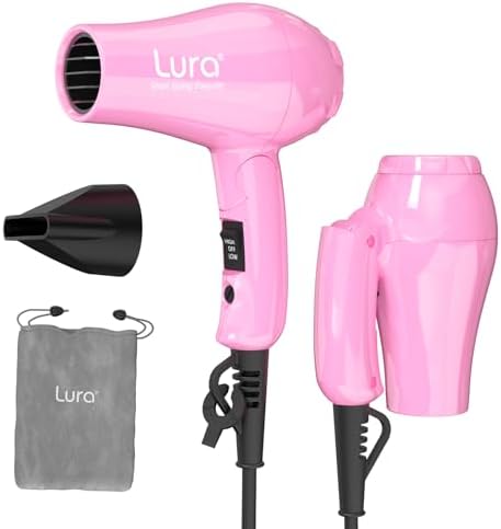 Foldable Travel Hair Dreyr Mini:Dual Voltage Small Lightweight Blow Dryer for International Travel,1200w Compact Pink Hairdryer with Concentrator and Travel Bag(Hot Pink) by Lura