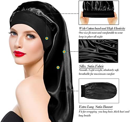 2 Pieces Long Silky Satin Sleep Bonnet for Curly Hair, Long Dreadlocks and Braids Hair Bonnets for Hair Care - Image 2