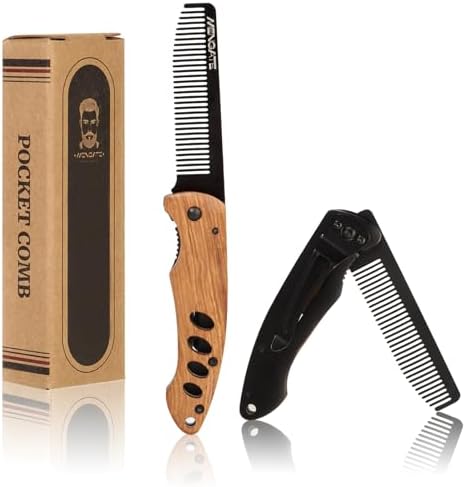 1PC Wooden Beard Comb for Men - Folding & Secure Lock & Pocket clip, 0.12lb by MenGate