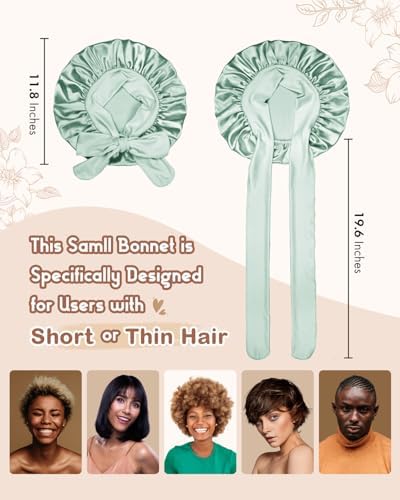 BONNET QUEEN Small Double Layer Silk Bonnet for Sleeping for Women Satin Bonnet Night Cap for Short Thin Hair with Tie Band,Sage Green - Image 3