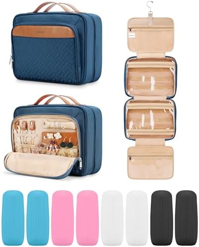 Travel Hanging Toiletry Bag for Women and Men, with 8 Leak Proofing Silicone Bottle Covers, Waterproof Makeup Accessories, Cosmetic Essentials, Toiletries Dopp Kit Set with Jewelry Organizer, Navy by COOSKY