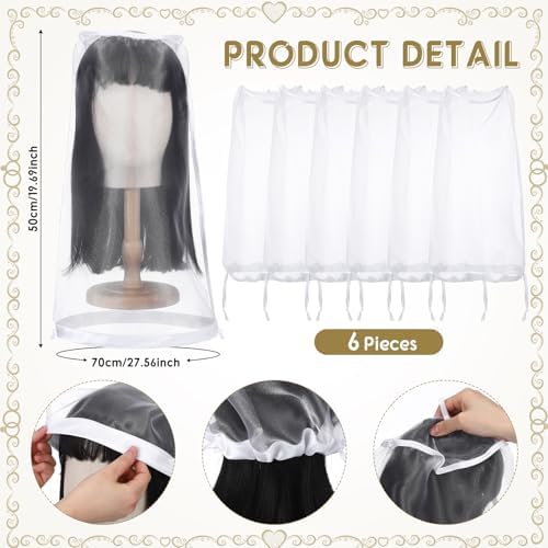 Loopeer 6 Pcs Wig Storage Bag Adjustable Wig Cover with Drawstring,White - Image 2