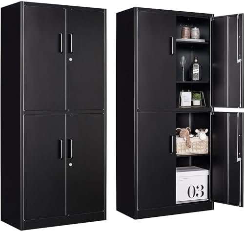 Metal Storage Cabinet with 3 Adjustable Shelves and 4 Doors,71" Garage Storage Cabinet with Lock,Black Metal Cabinets with Locking Doors,Steel Tool Cabinets,Lockable Cupboard for Home,Office,Garage by SISESOL