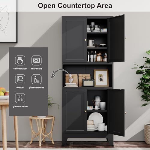 YAUWOH 69" Tall Metal Pantry Cabinet with Microwave Shelf, 4 Doors & 3 Adjustable Shelves, 120LBS Per Shelf Heavy Duty Storage Cabinet with Anti-Tip Design for Kitchen,Dining Room (1PC,Black) - Image 5