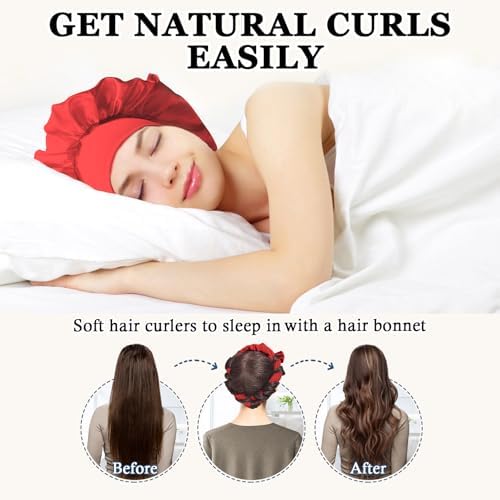 Gwabee Heatless Curls Overnight Hair Curlers to Sleep In, 9 PCS Velvet Heatless Hair Curler Overnight Curls for Women Long Medium Hair Volumes, Heatless Curling Waves Set with Sleep Bonnet - Red - Image 2