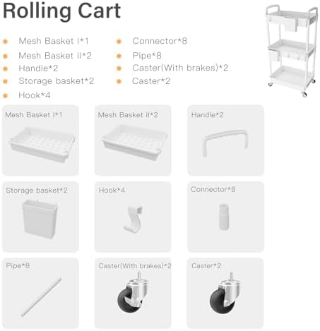 3 Tier Rolling Utility Cart with Handle,REBECAT Utility Cart Made of Multifunctional Storage Organizer Tool for Kitchen,Bathroom,Living Room,Office(White) - Image 4