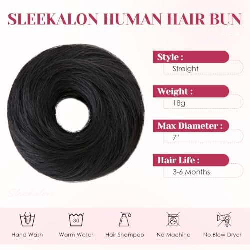 Messy Bun Hair Pieces Human Hair, Straight #01 Jet Black - Image 3