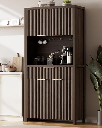 Lulive 71" Fluted Pantry Cabinet with Charging Station, Brown by Lulive
