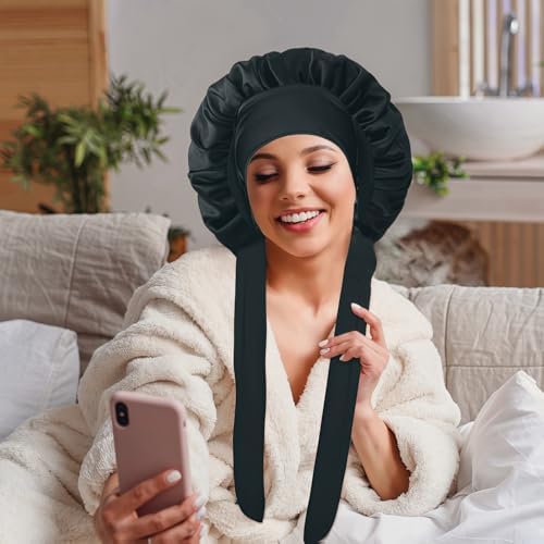 Silk Bonnet for Sleeping Women, Ajustable Hair Bonnet for Curly Hairs Satin Bonnet Reduce Friction Prevent Frizz Black，Large - Image 4