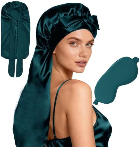 Womens 2Pcs Silk Satin Bonnet Long Hair Bonnets For Sleeping Silky Bonnet With Eye Mask Braids Curly Hairs Sleep Cap by WJingYiJia