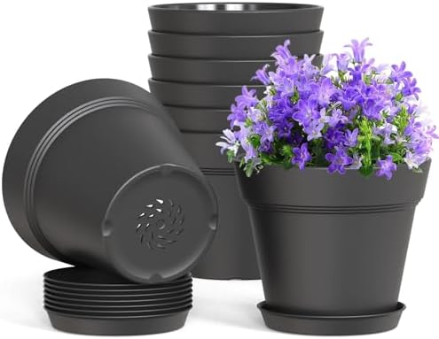 WSMKSZ 4 Inch Plastic Plant Pots with Drainage Holes and Trays – 8 Pack Small Nursery Pots for Indoor & Outdoor House Plants and Flowers, Seedling Starter Planters, Matte Black by WSMKSZ