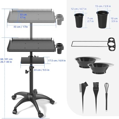 ZHOOGE Hairstylist Rolling Cart, Salon Trolley With Storage Platform and Hair Separator Stand, Coloring Tray With Dye Bowls and Tools, Black - Image 2